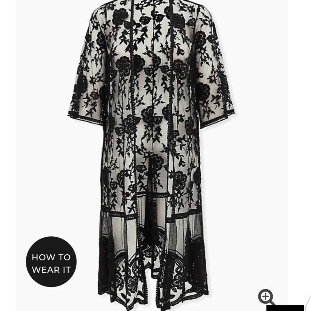 Black Sheer Mesh & Floral Embroidery Kimono